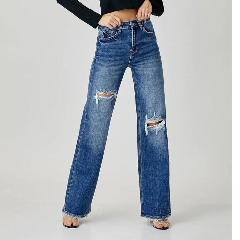 Risen High Rise Ripped Wide Leg Blue Denim Jeans Womens 11/30